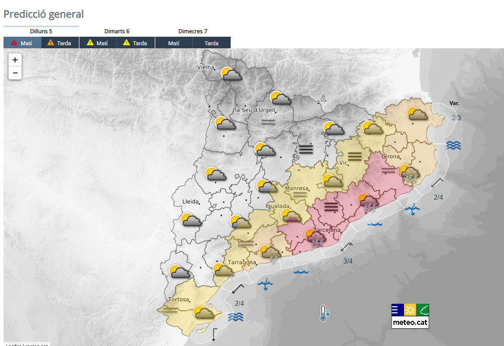 Avís de risc d'intensitat de pluja el matí del 5 d'octubre. El Baix Llobregat apareix en vermell al mapa