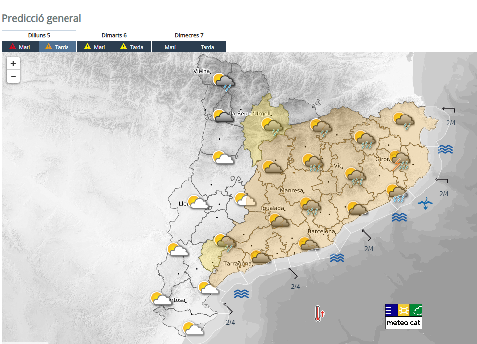 Avís de risc d'intensitat de pluja la tarda del 5 d'octubre. El Baix Llobregat apareix en taronja al mapa