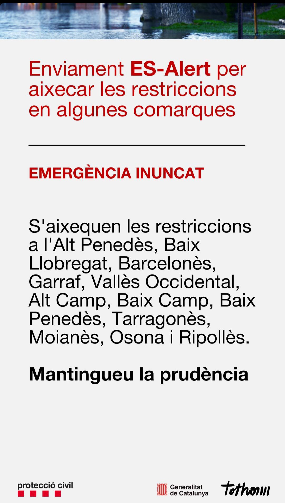 Missatge de final de restriccions a la comarca del Baix Llobregat via es-Alert de la Generalitat