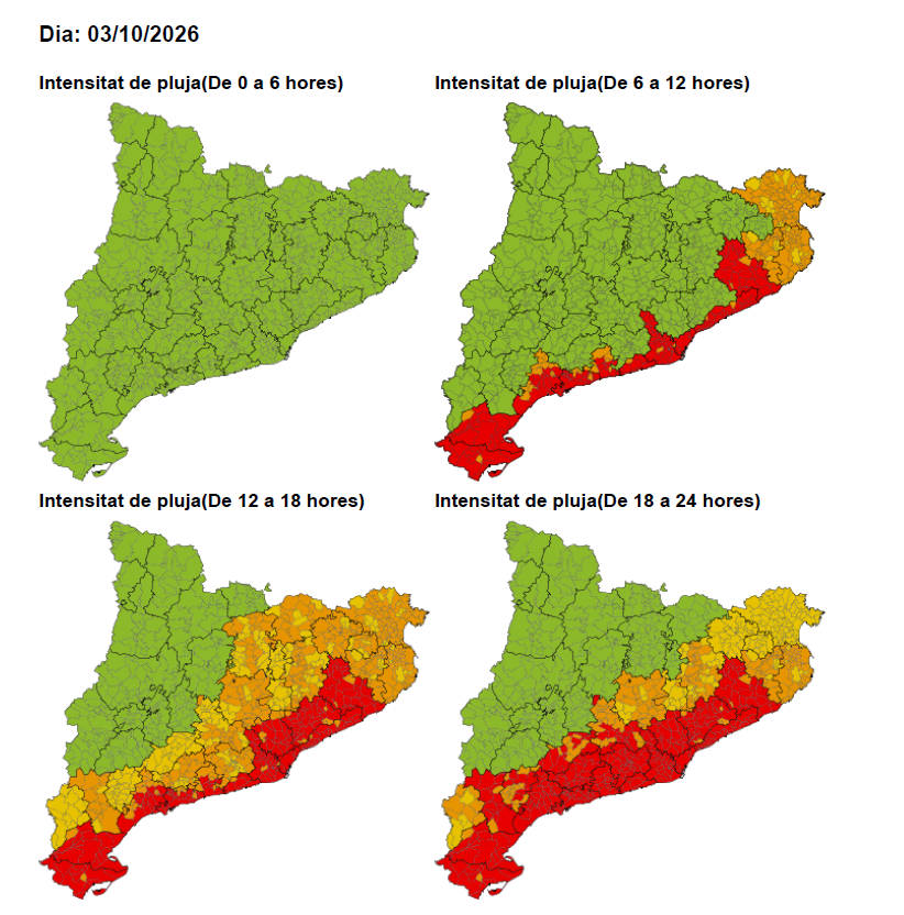 Mapa d'avís per risc de pluja intensa el dissabte 3 d'octubre. Castellví de Rosanes està marcat en vermell