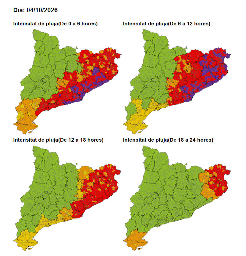Mapa d'avís per risc de pluja intensa el diumenge 4 d'octubre. Castellví de Rosanes està marcat en vermell fins les 20h (18h UTC)