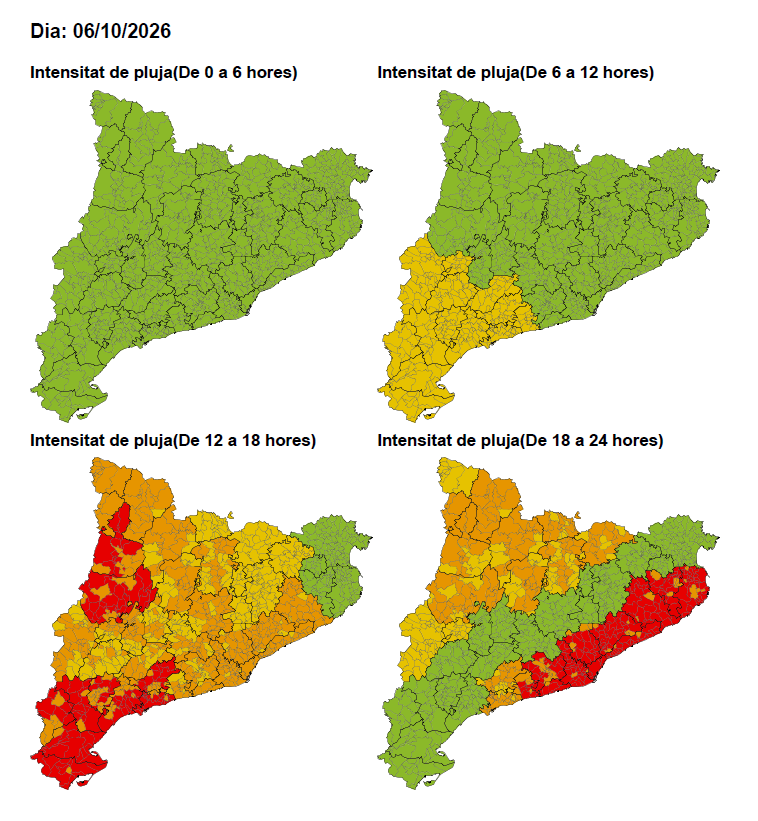 Mapa d'avís de risc de pluja intensa per al 6 d'octubre. Castellví està en taronja a la tarda i en vermell a la nit