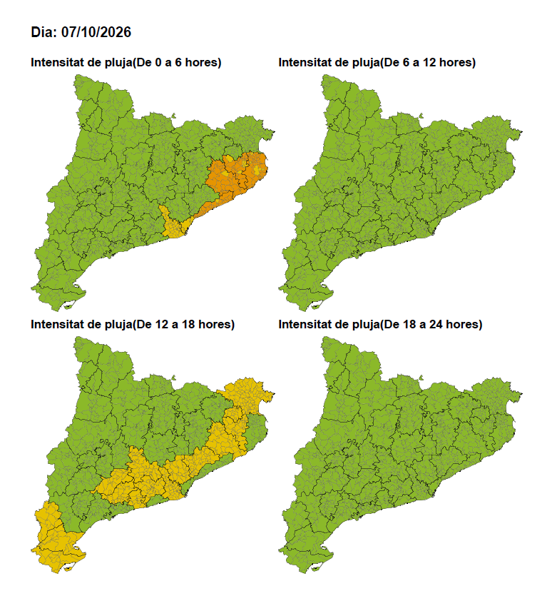 Mapa d'avís de risc de pluja intensa per al 7 d'octubre. Castellví està en groc de matinada i a la tarda