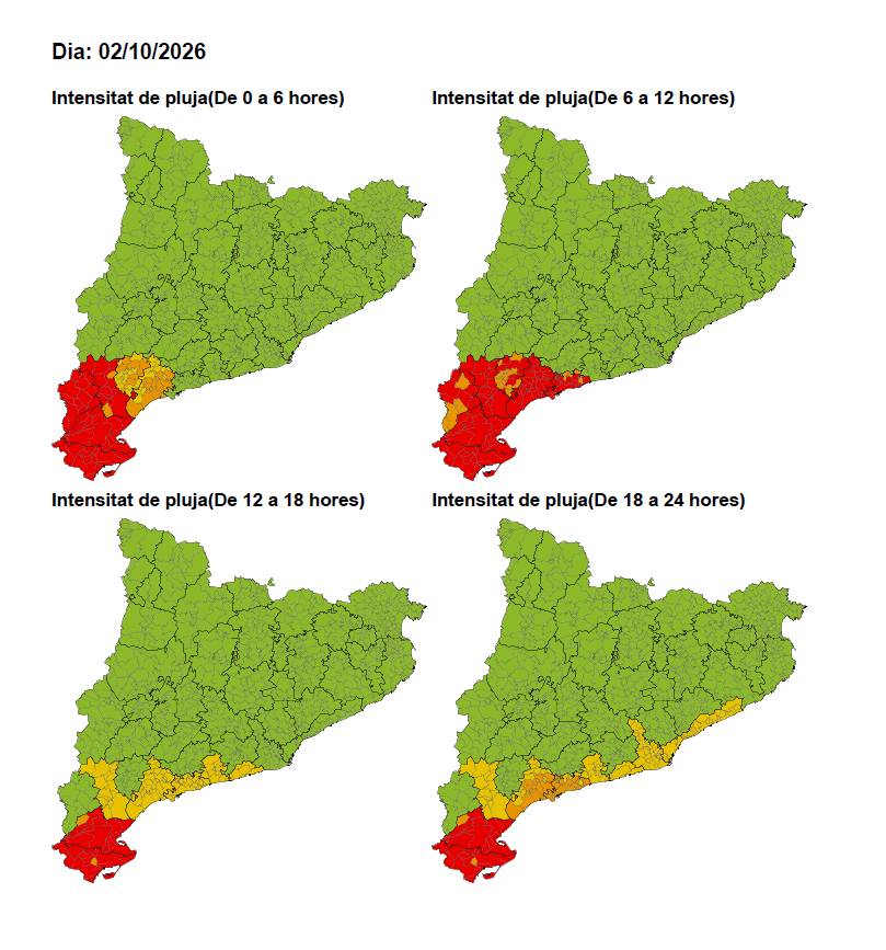 Mapa de risc d'intensitat de pluja a partir de la tarda del 2 d'octubre. Castellví de Rosanes apareix en groc al mapa
