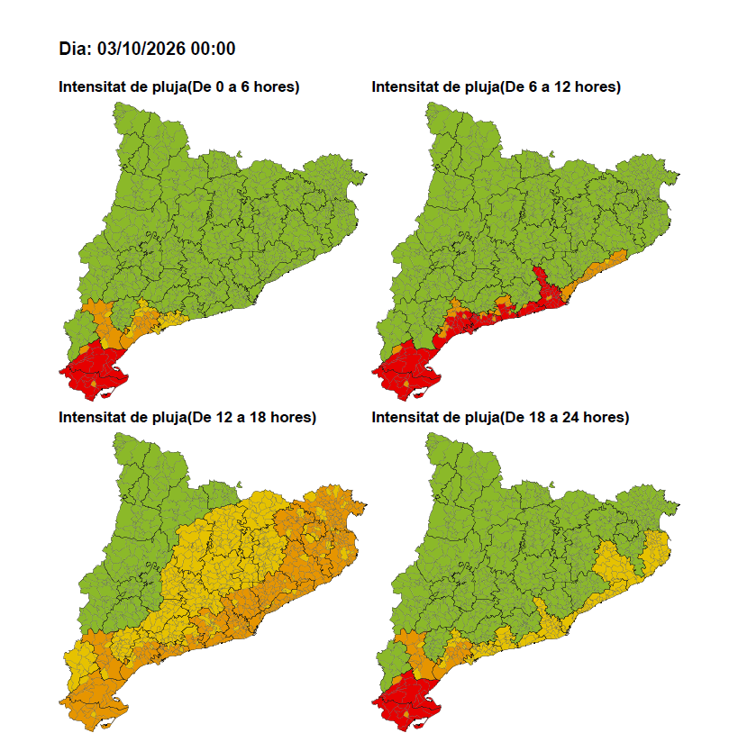 Mapa d'avís per risc de pluja intensa el dissabte 3 d'octubre. Castellví apareix en vermell al matí i migdia, en taronja a la tarda i en groc al vespre-nit