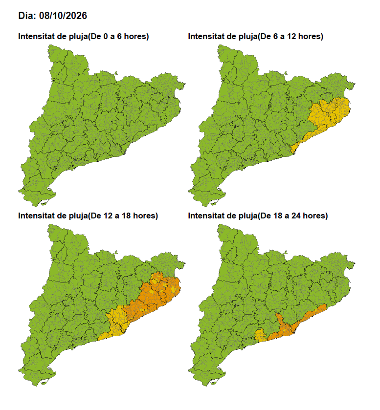 Mapa d'avís de risc de pluja intensa pel 8 d'octubre. Castellví de Rosanes apareix en groc a la tarda i taronja al vespre-nit