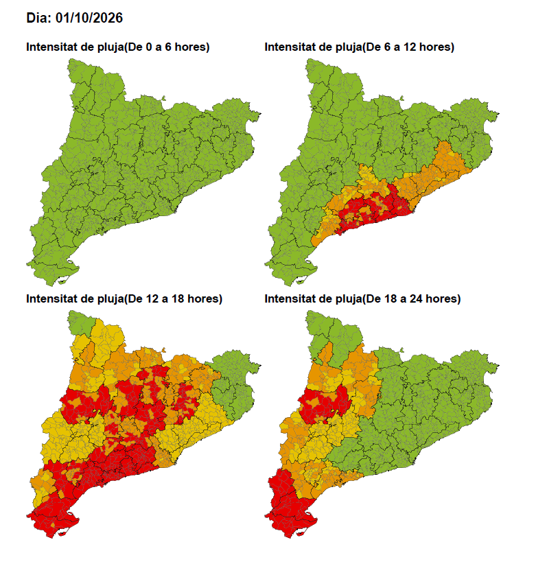 Mapa de risc actualitzat per l'1 d'octubre. Castellví de Rosanes apareix en vermell fins a les 12 UTC i en taronja fins les 18h UTC
